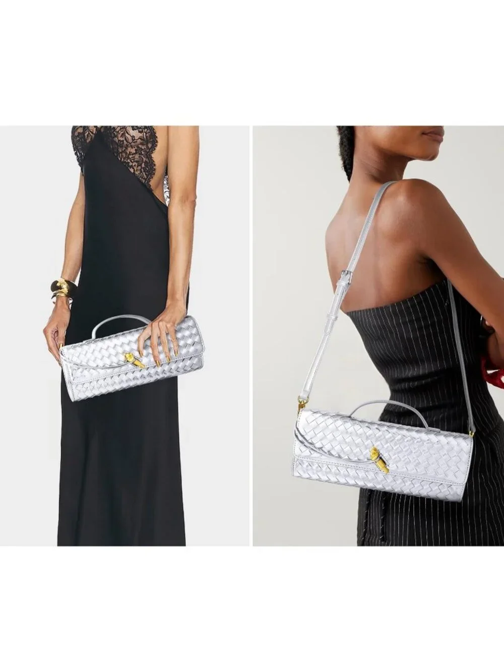 Women Silver Woven Vegan Leather Clutch Purse Formal Evening Crossbody Bag